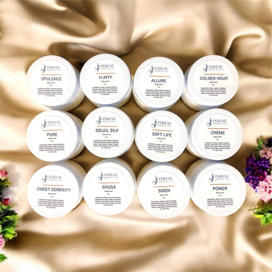 Collection of white containers with labels on a beige fabric background