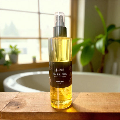 Bottle of 'Soleil Silk' body oil on a wooden surface with a blurred background of a bath tub, window and plants 